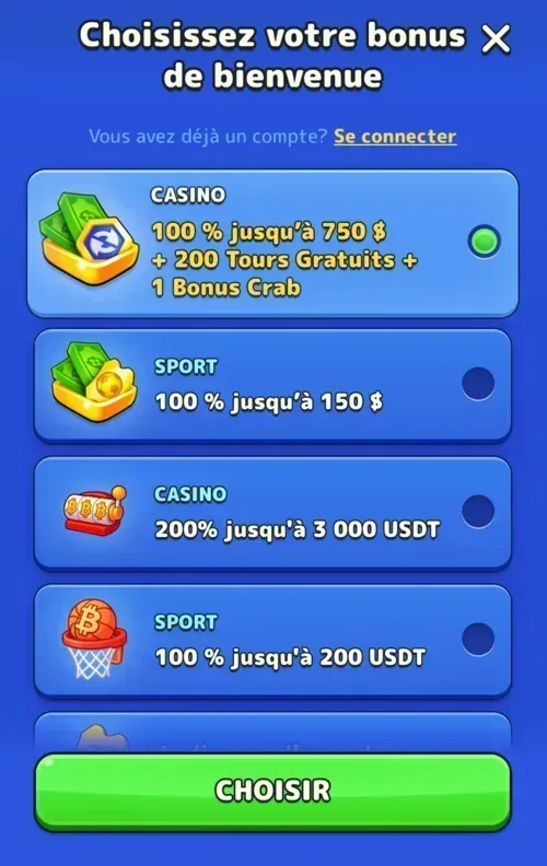 Fenêtre de sélection du bonus de bienvenue : casino, paris sportifs ou cryptomonnaie