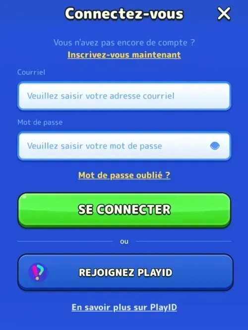 Interface sécurisée pour la connexion et l'inscription au compte joueur