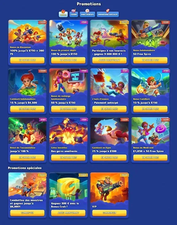 Catalogue complet des bonus, offres de bienvenue et promotions disponibles pour les joueurs