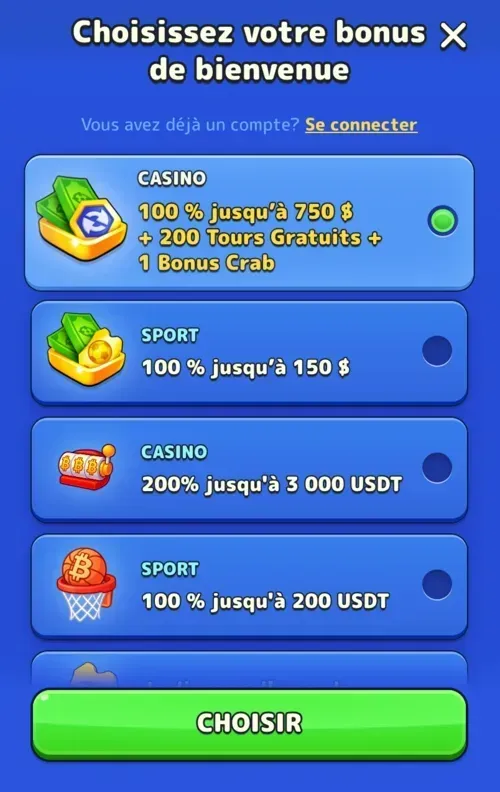 Fenêtre de sélection du bonus de bienvenue : casino, paris sportifs ou cryptomonnaie