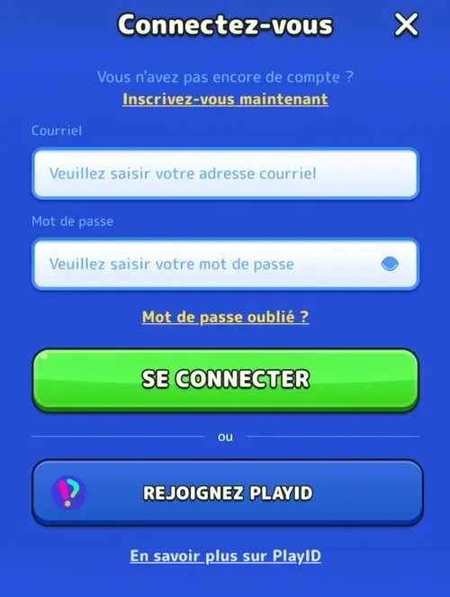 Interface sécurisée pour la connexion et l'inscription au compte joueur
