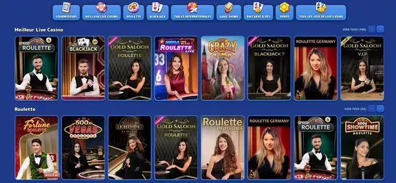Sélection de jeux de casino en direct avec croupiers professionnels : roulette et blackjack